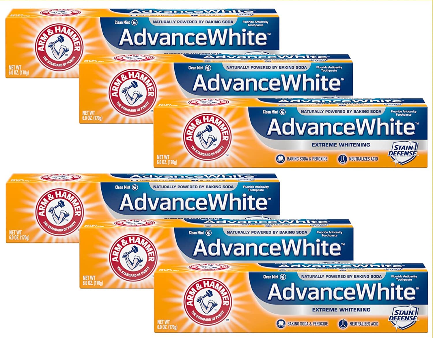 Arm & Hammer frontal del empaque mostrando marca y beneficio blanqueador