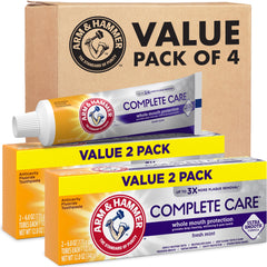 Arm & Hammer frente del empaque mostrando pack de cuatro tubos y beneficio limpieza profunda