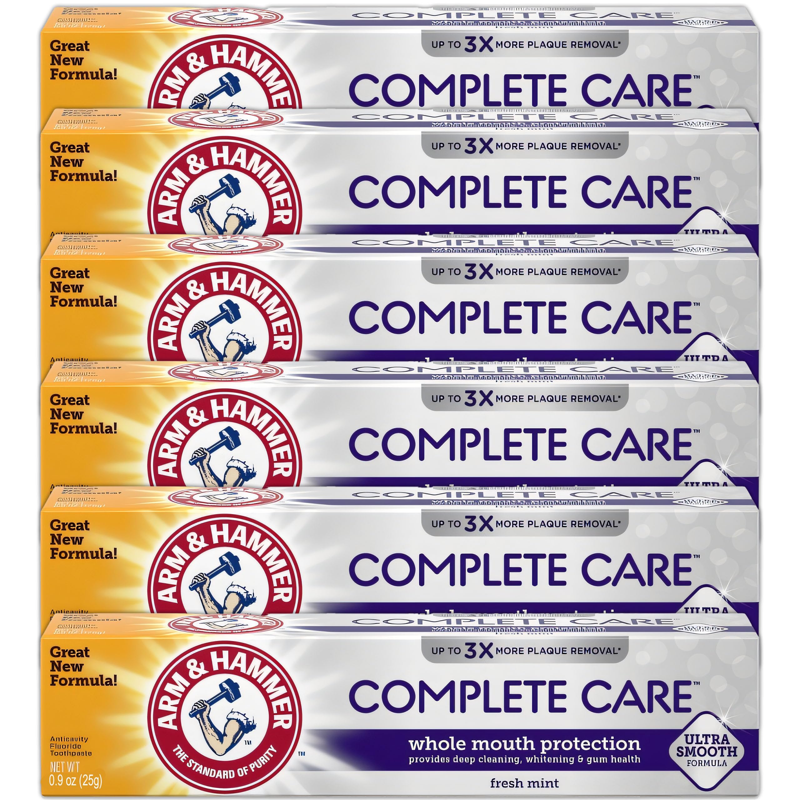 Arm & Hammer vista frontal del paquete con 6 tubos, práctico para viajes