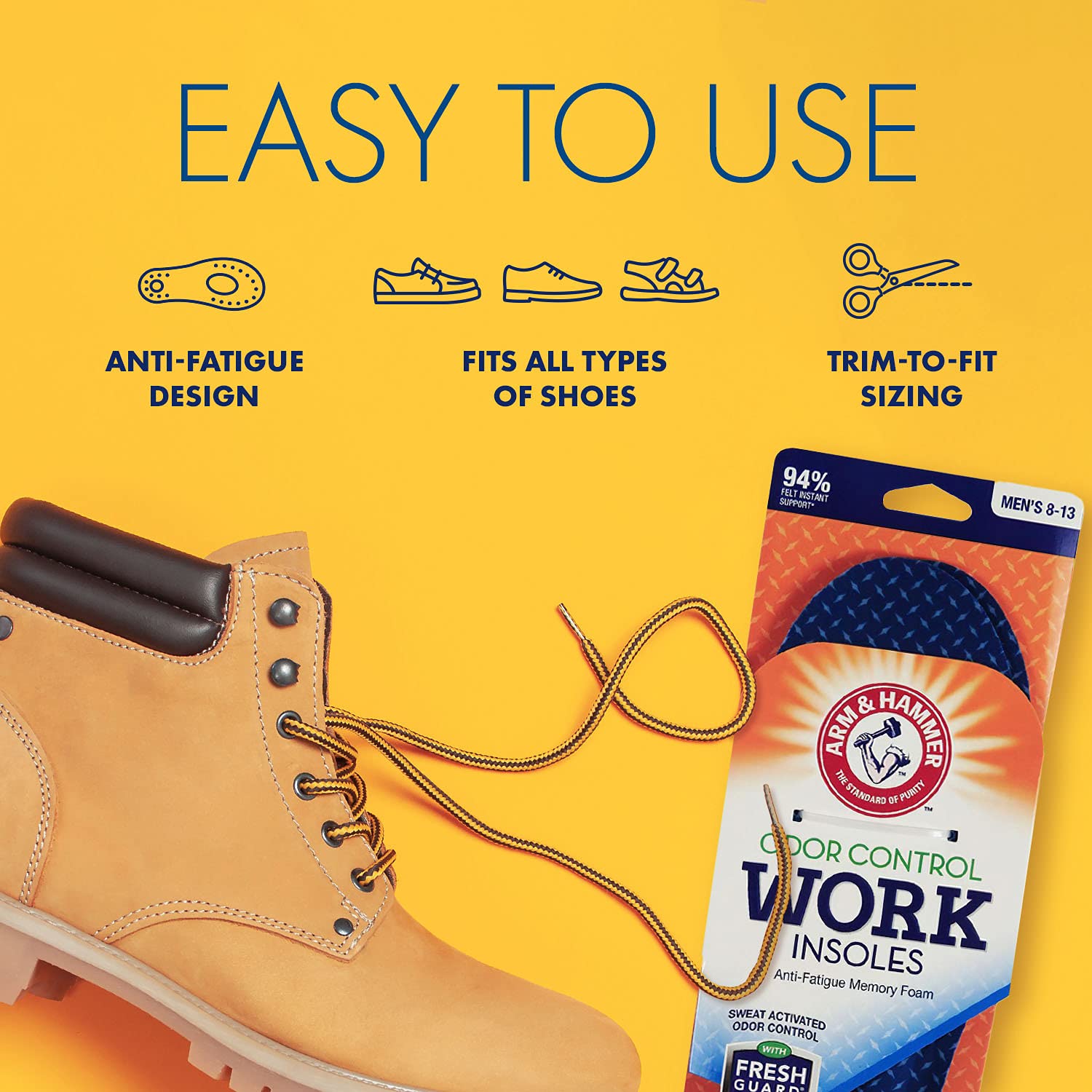 Arm & Hammer plantilla colocada dentro de una bota de trabajo para ajuste cómodo