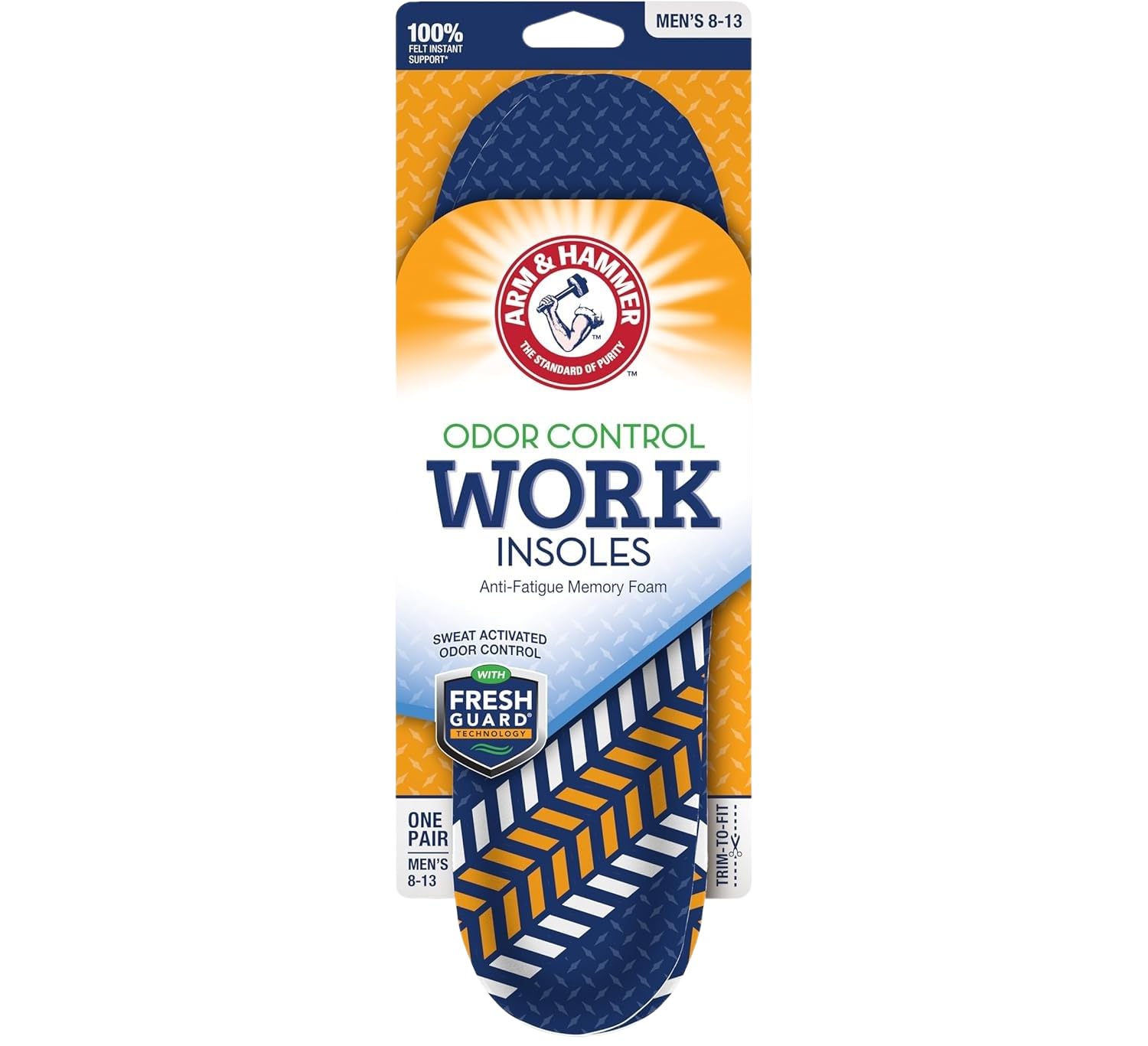 Arm & Hammer plantilla frontal empaque mostrando el producto y beneficio de soporte