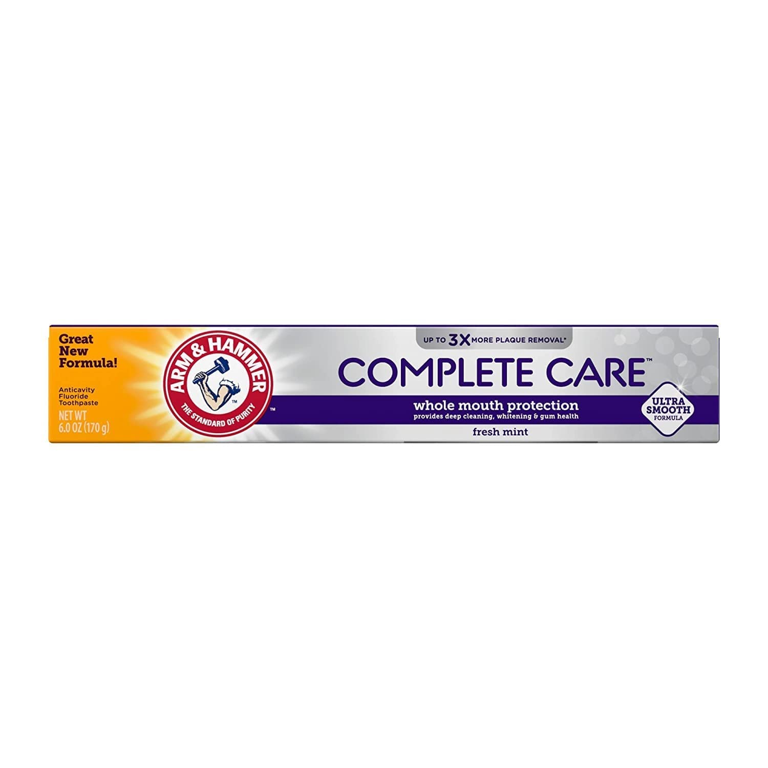 Arm & Hammer primer plano del tubo y textura que destaca bicarbonato para limpieza suave
