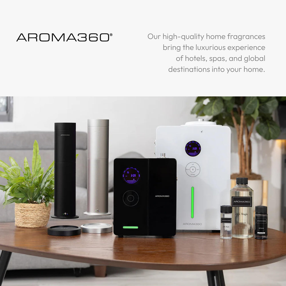 Escena estilo hotel con Aroma360 My Way para ambiente lujoso y relajante