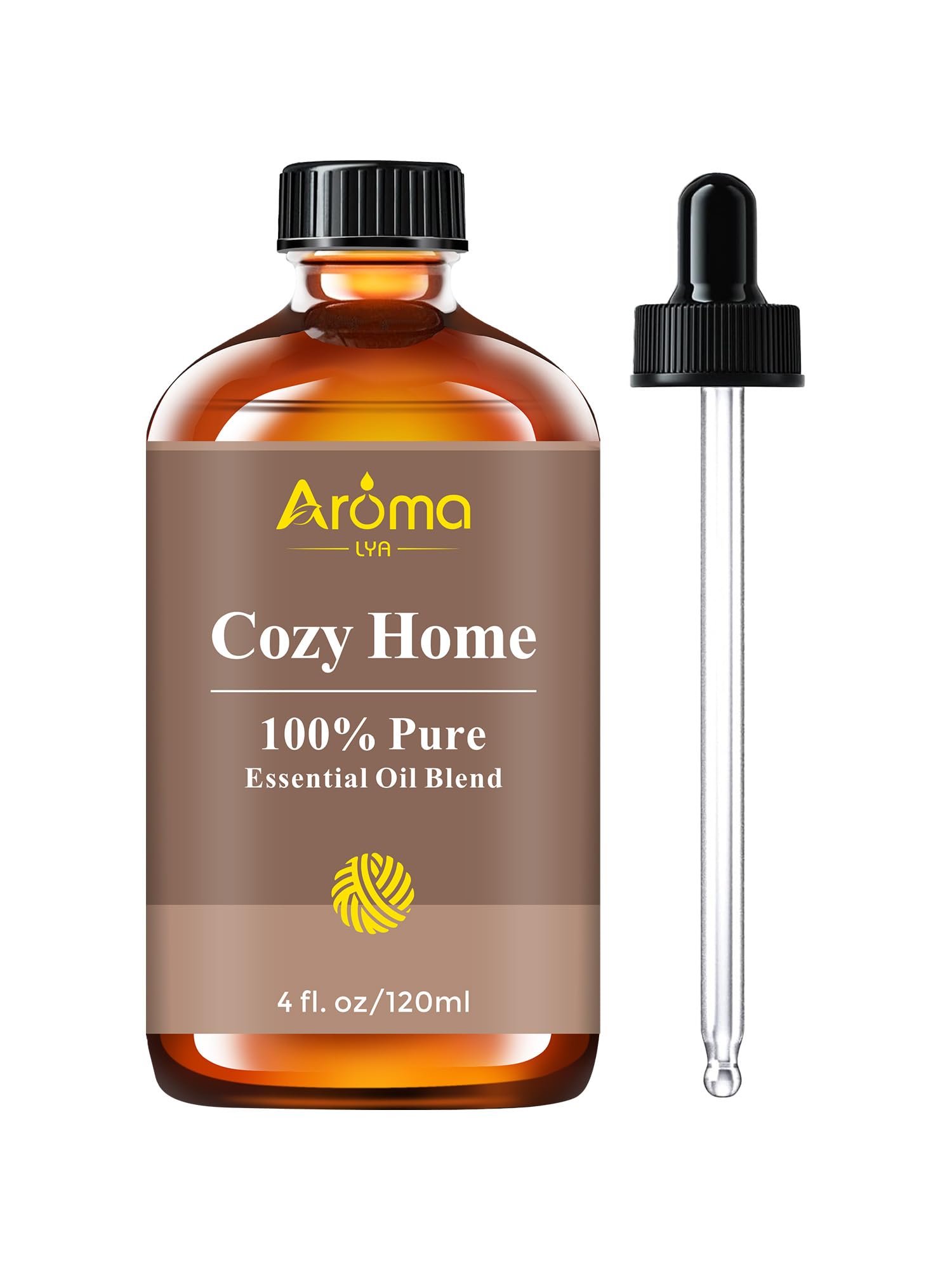 AromaLYA frasco frontal Cozy Home mostrando botella y etiqueta, transmite confianza