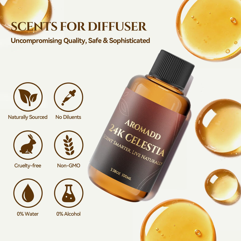 AROMADD 24K Celestia junto a regla para comparación de tamaño y conveniencia de 100 mL