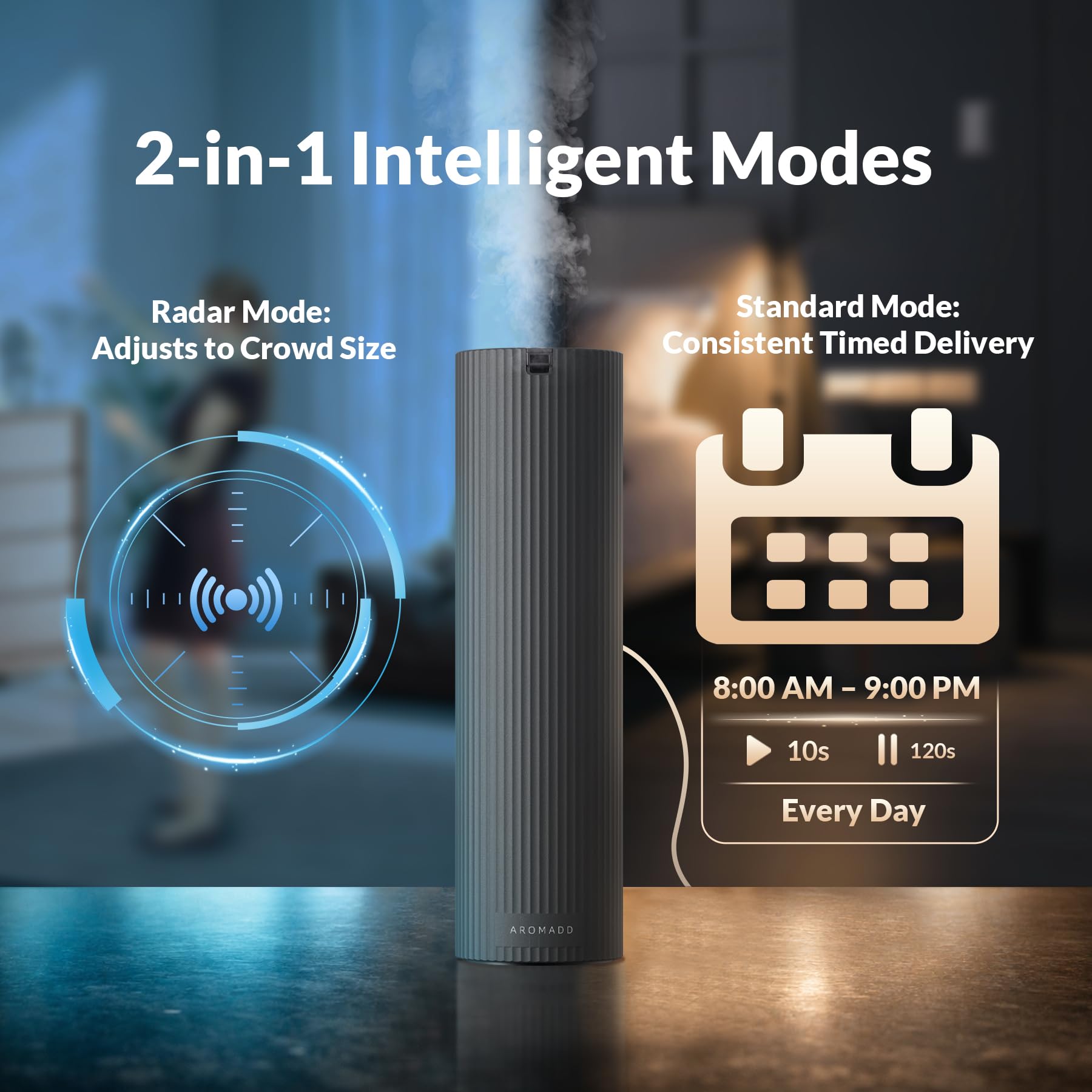 Aromadd pantalla de app Bluetooth con controles y beneficio de programación precisa