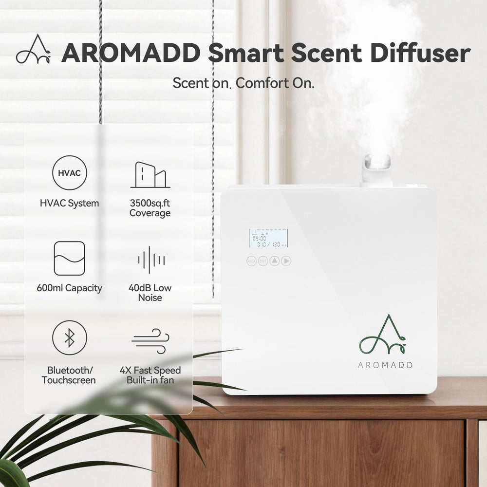 Aromadd panel de control con botones para programar intensidad y horarios
