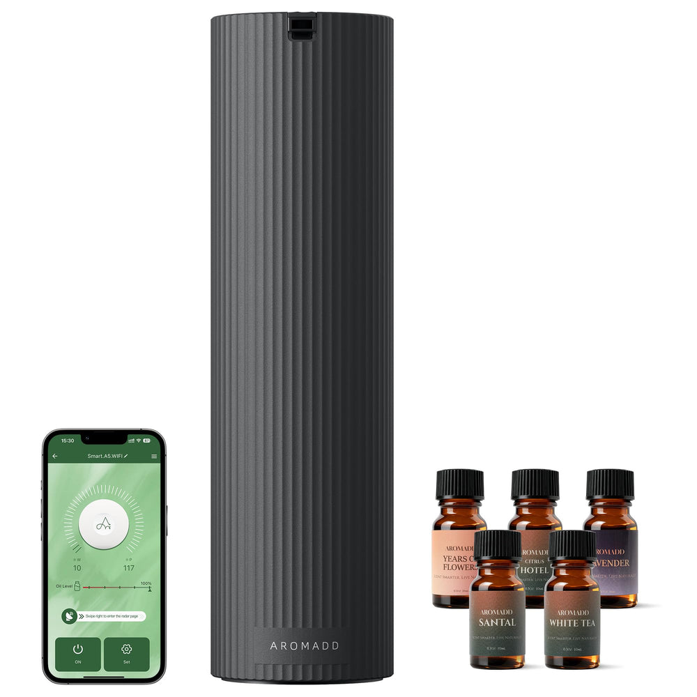 Aromadd difusor frontal en negro mostrando diseño elegante y beneficio de perfumar espacios