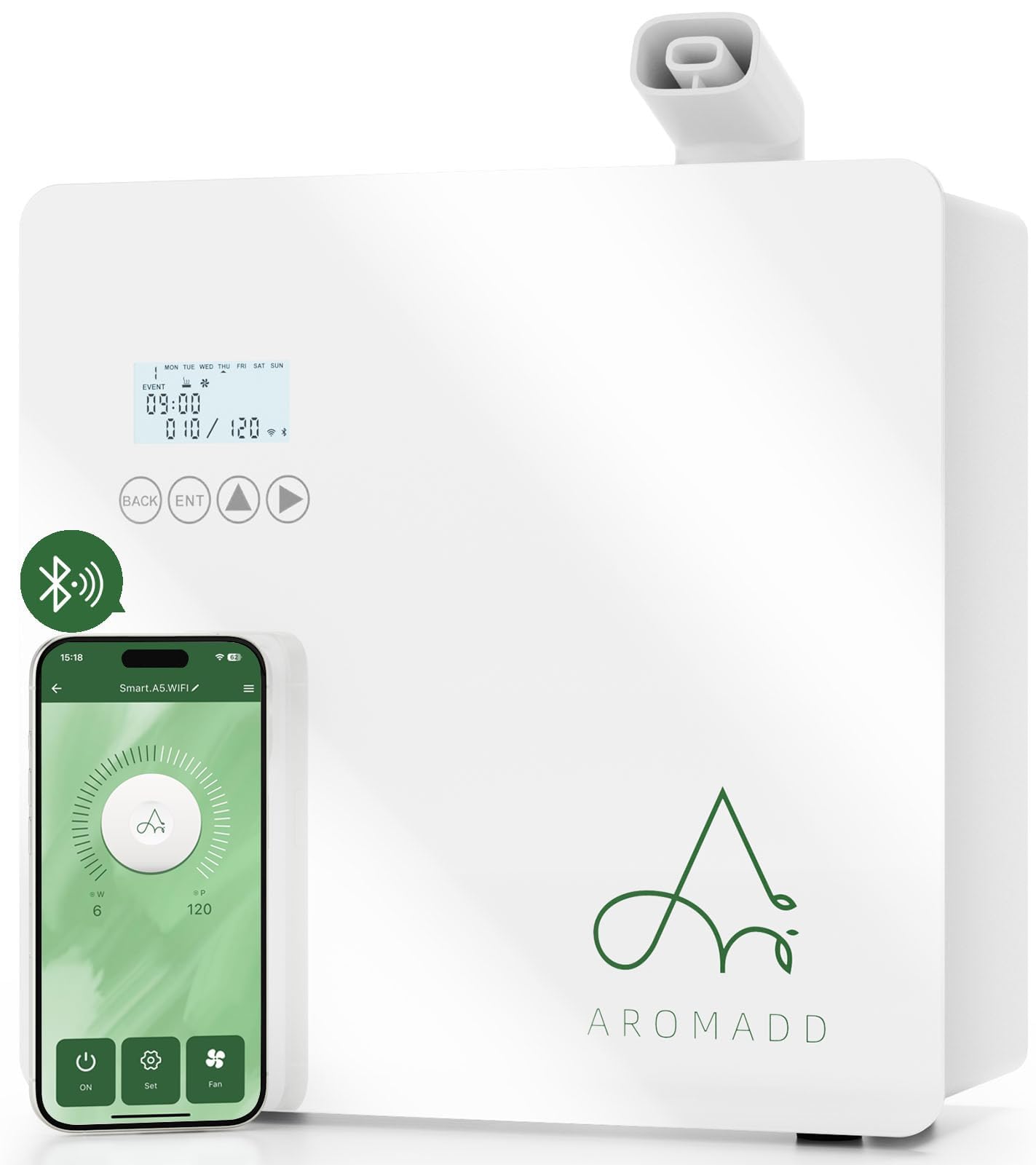 Aromadd difusor frontal mostrando diseño compacto y cobertura profesional