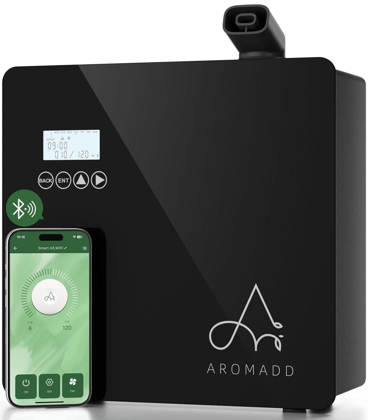 Aromadd difusor frontal mostrando diseño compacto y salida controlada