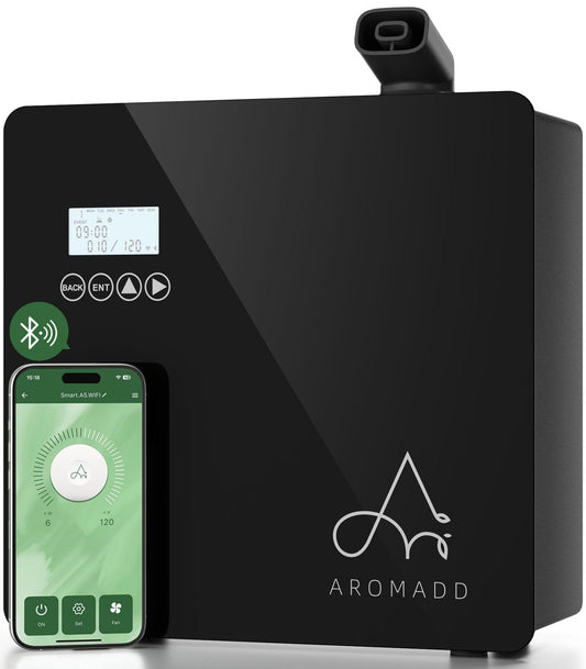 Aromadd difusor frontal mostrando diseño compacto y salida controlada