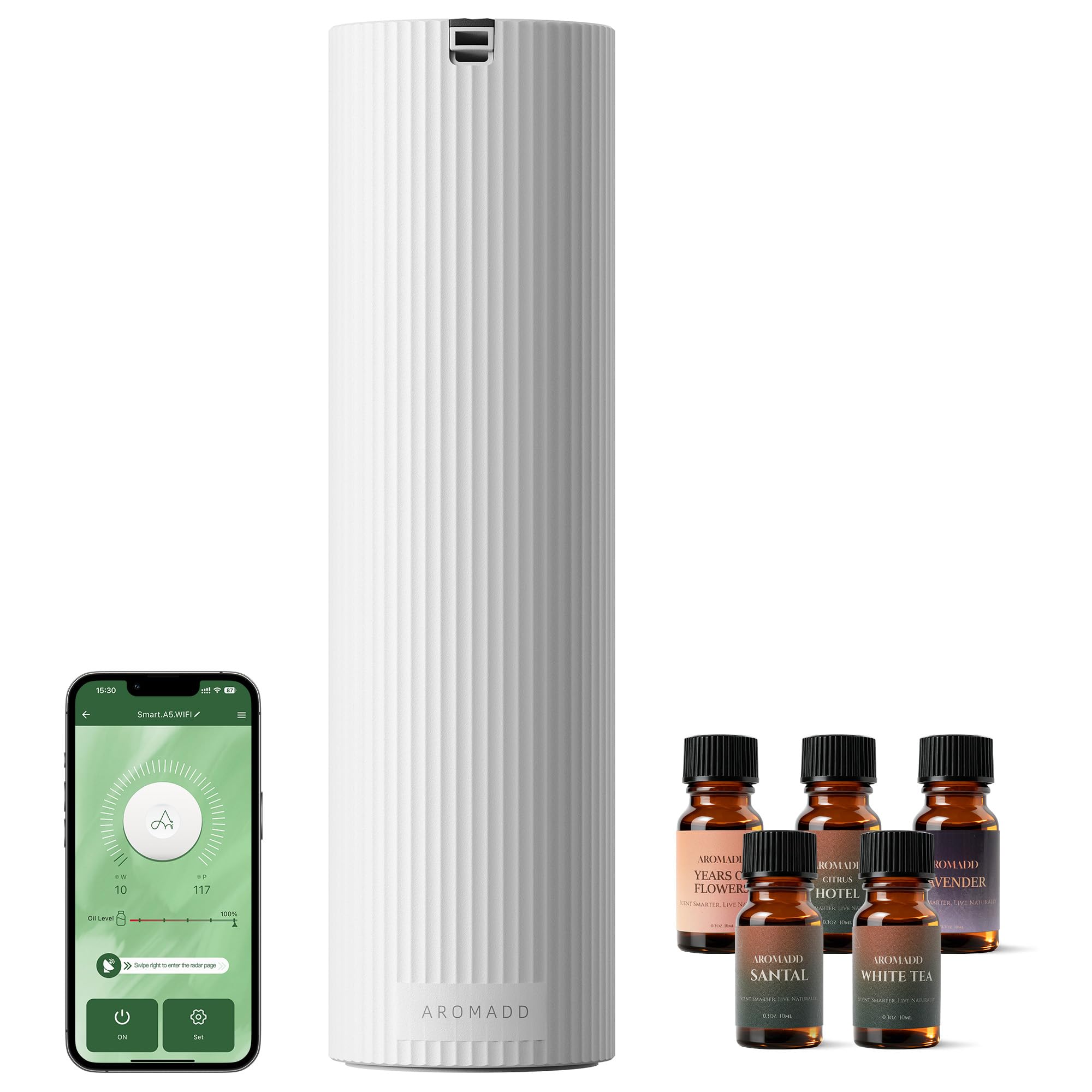 Aromadd difusor frontal blanco mostrando diseño elegante y discreto