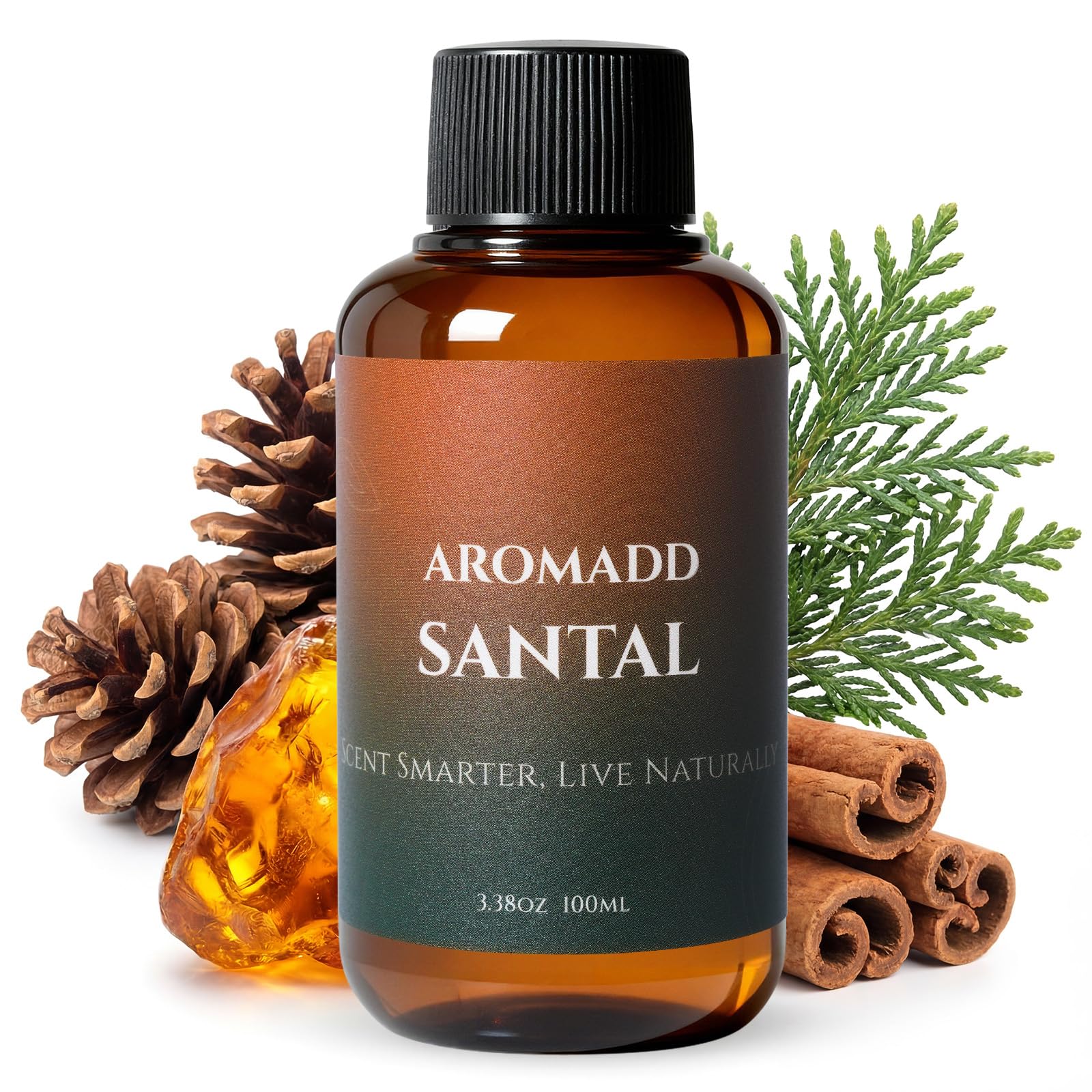 Aromadd Santal botella frontal mostrando tamaño y diseño práctico