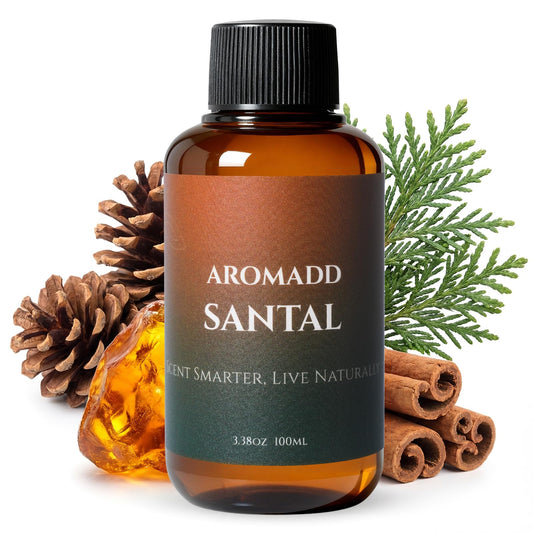 Aromadd Santal botella frontal mostrando tamaño y diseño práctico