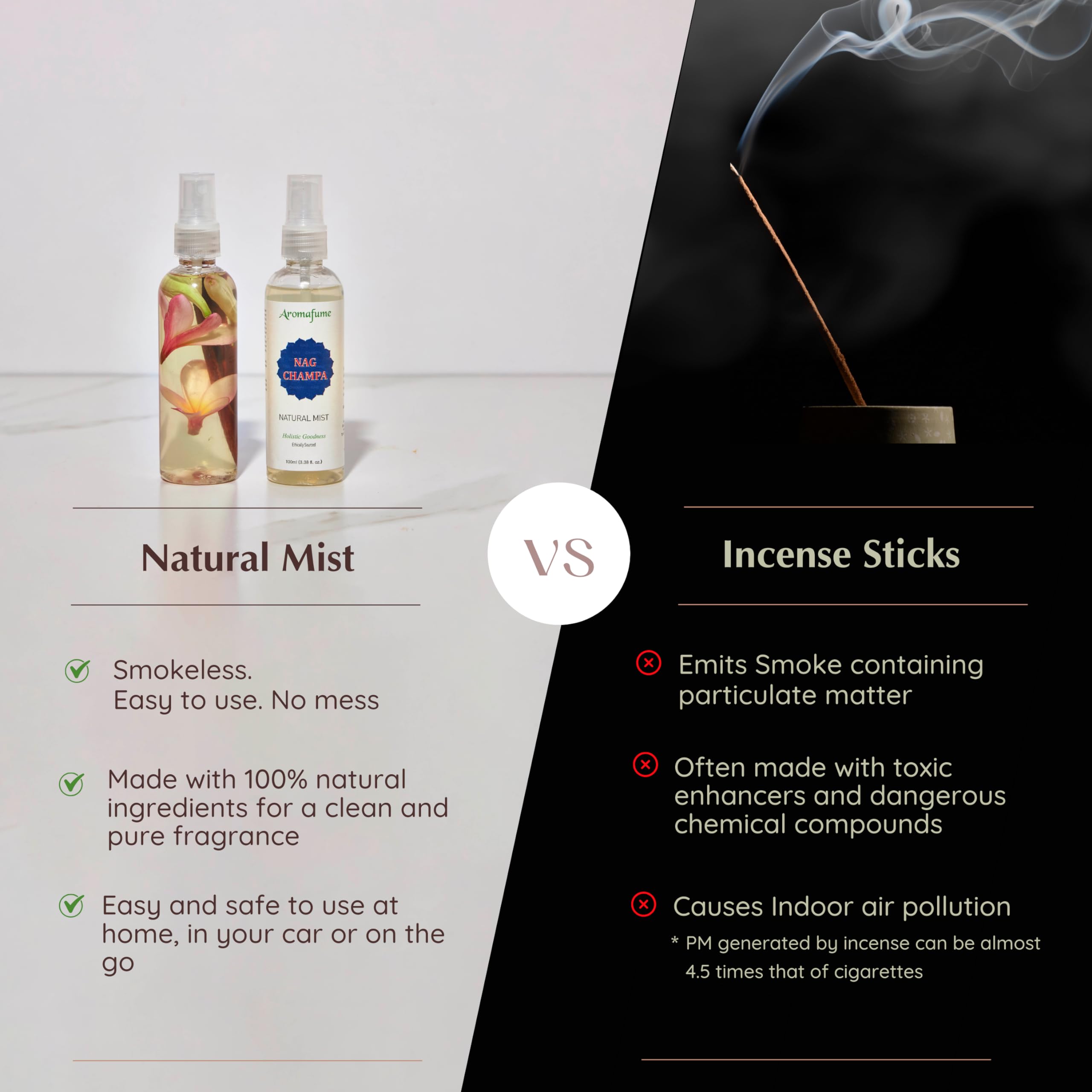 Aromafume Nag Champa etiqueta con iconos de sustentabilidad, muestra valores éticos