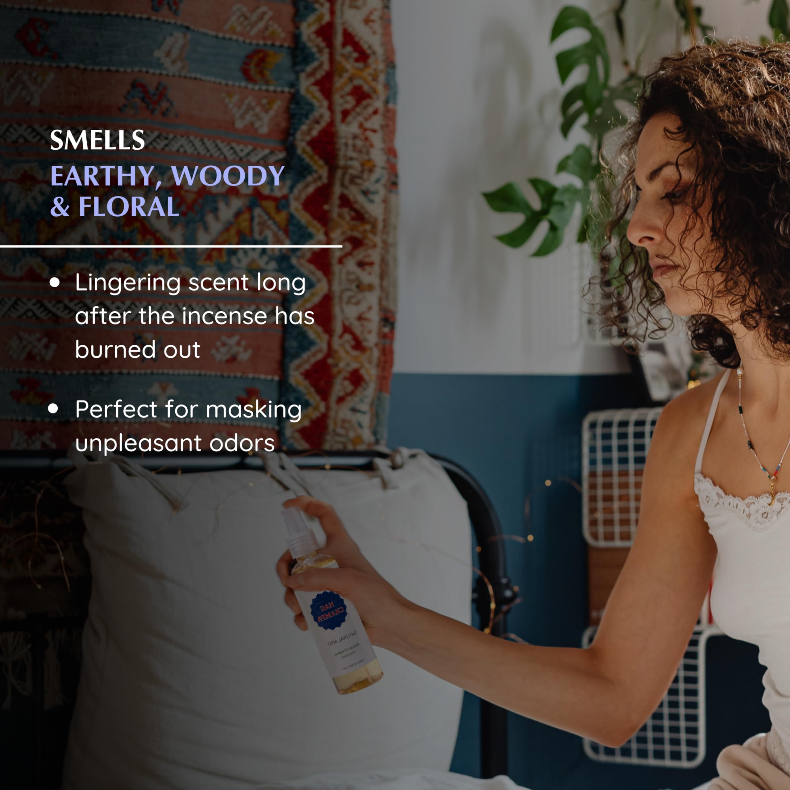 Aromafume Nag Champa rociado sobre cortinas y ropa, refresca telas con sándalo