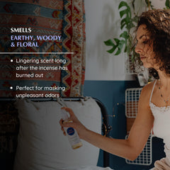 Aromafume Nag Champa rociado sobre cortinas y ropa, refresca telas con sándalo