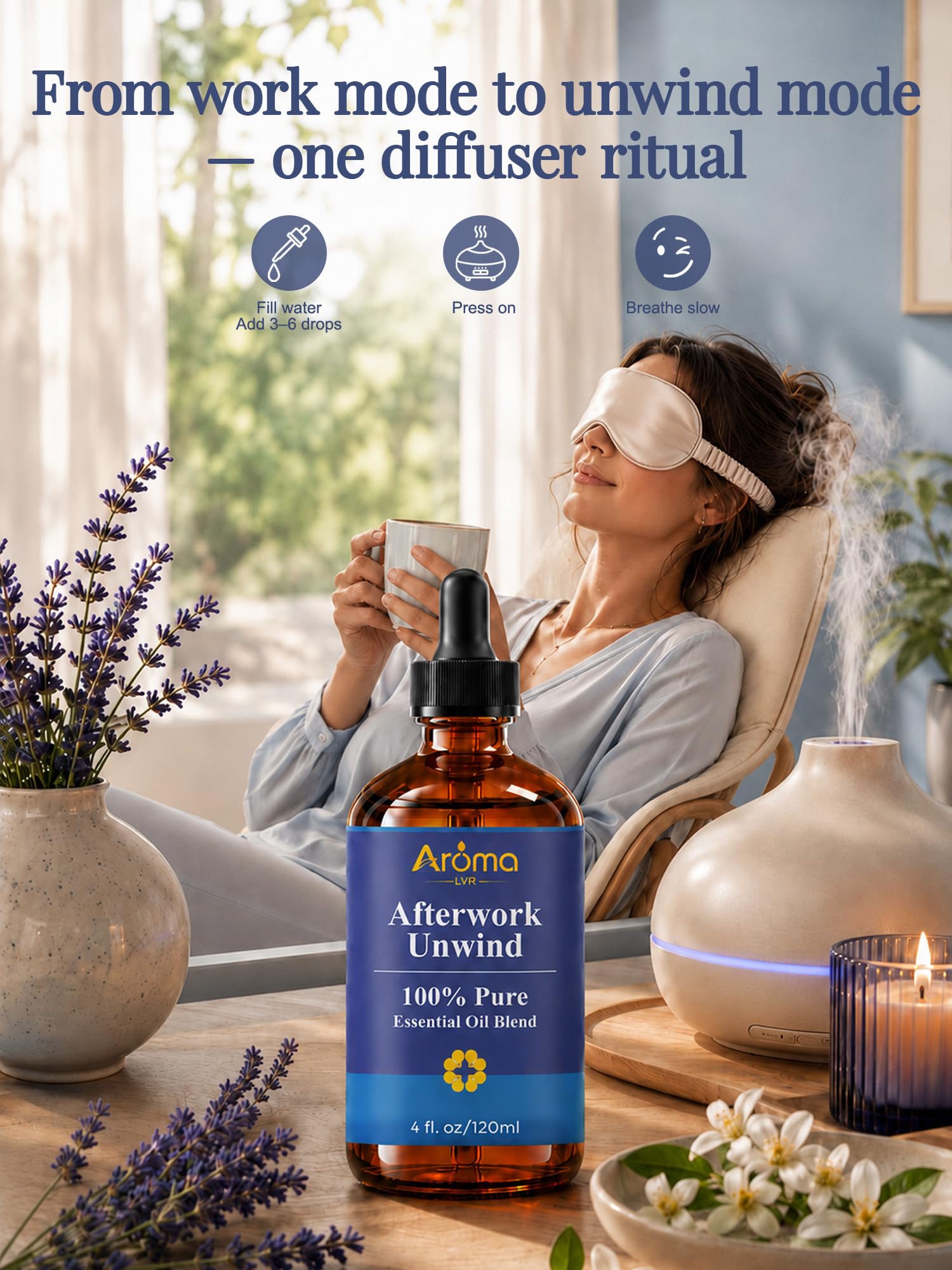 AromaLYA botella junto a una mano para comparar tamaño 120 ml, beneficio duración estimada