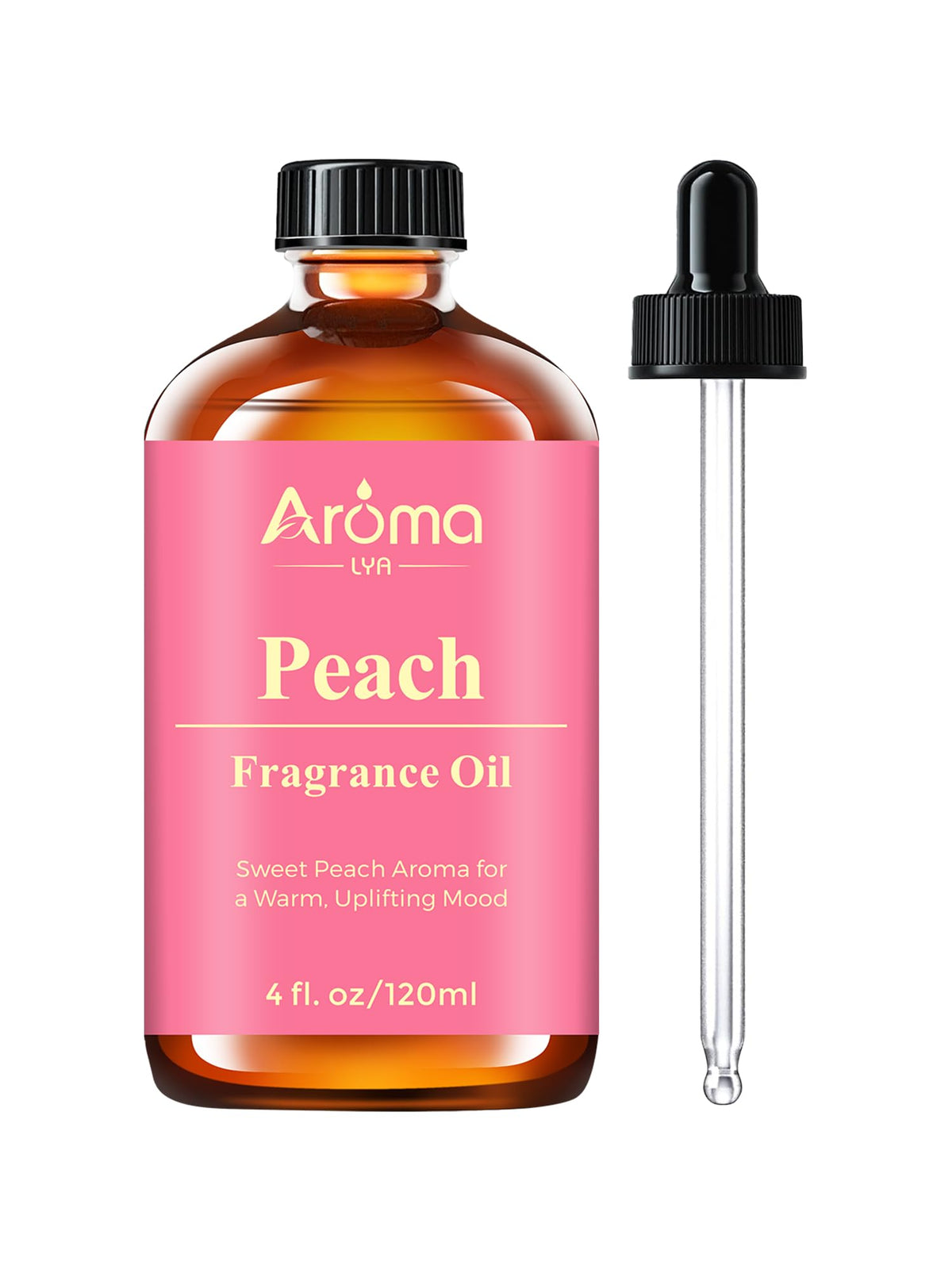 AromaLYA envase frontal de aceite de durazno muestra etiqueta clara y volumen