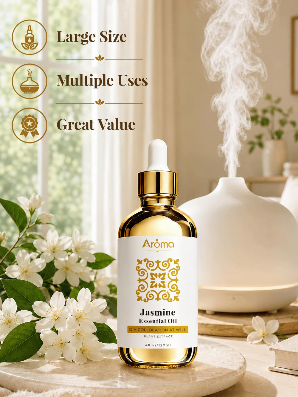 AromaLYA frasco al lado de una regla, escala y volumen de 4 fl oz