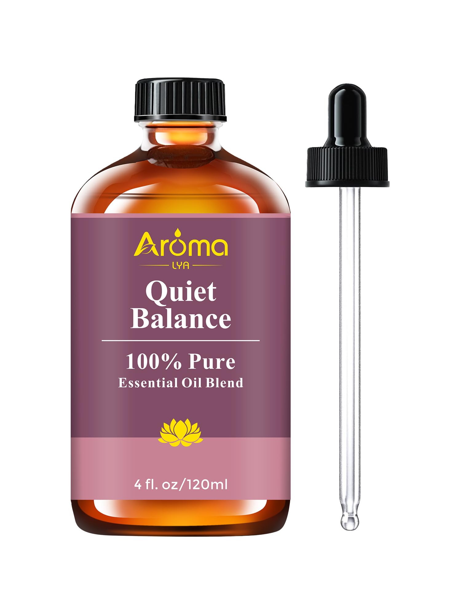 AromaLYA frasco frontal mostrando mezcla Quiet Balance para ambiente equilibrado