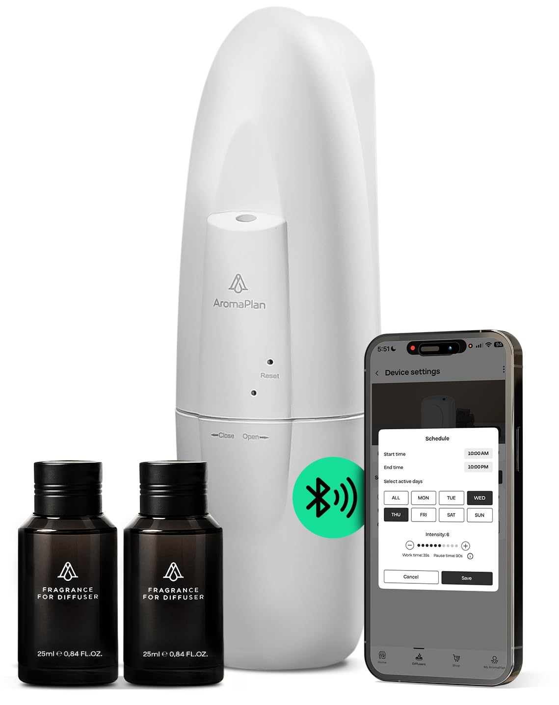 AROMAPLAN difusor frontal mostrando diseño compacto y fácil instalación