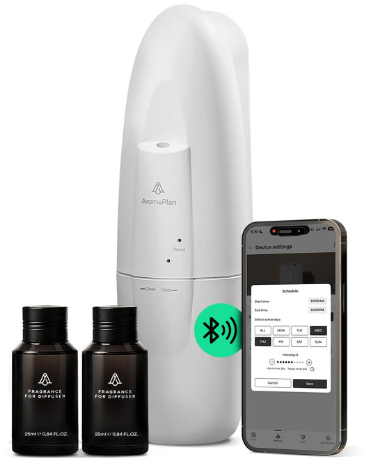 AROMAPLAN difusor frontal mostrando diseño compacto y fácil instalación
