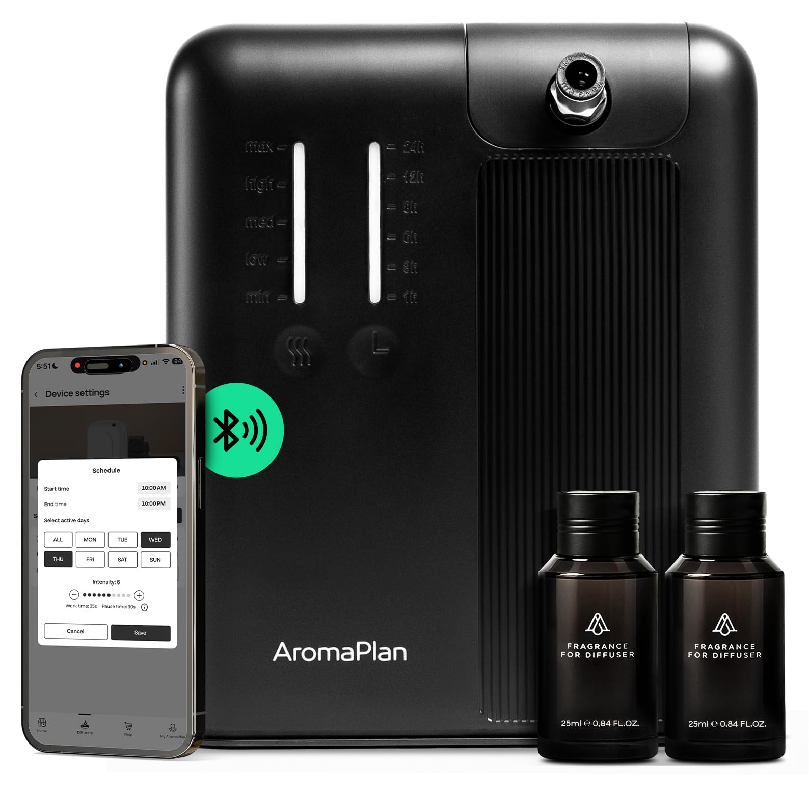 AromaPlan imagen frontal del difusor mostrando diseño elegante y beneficio estética
