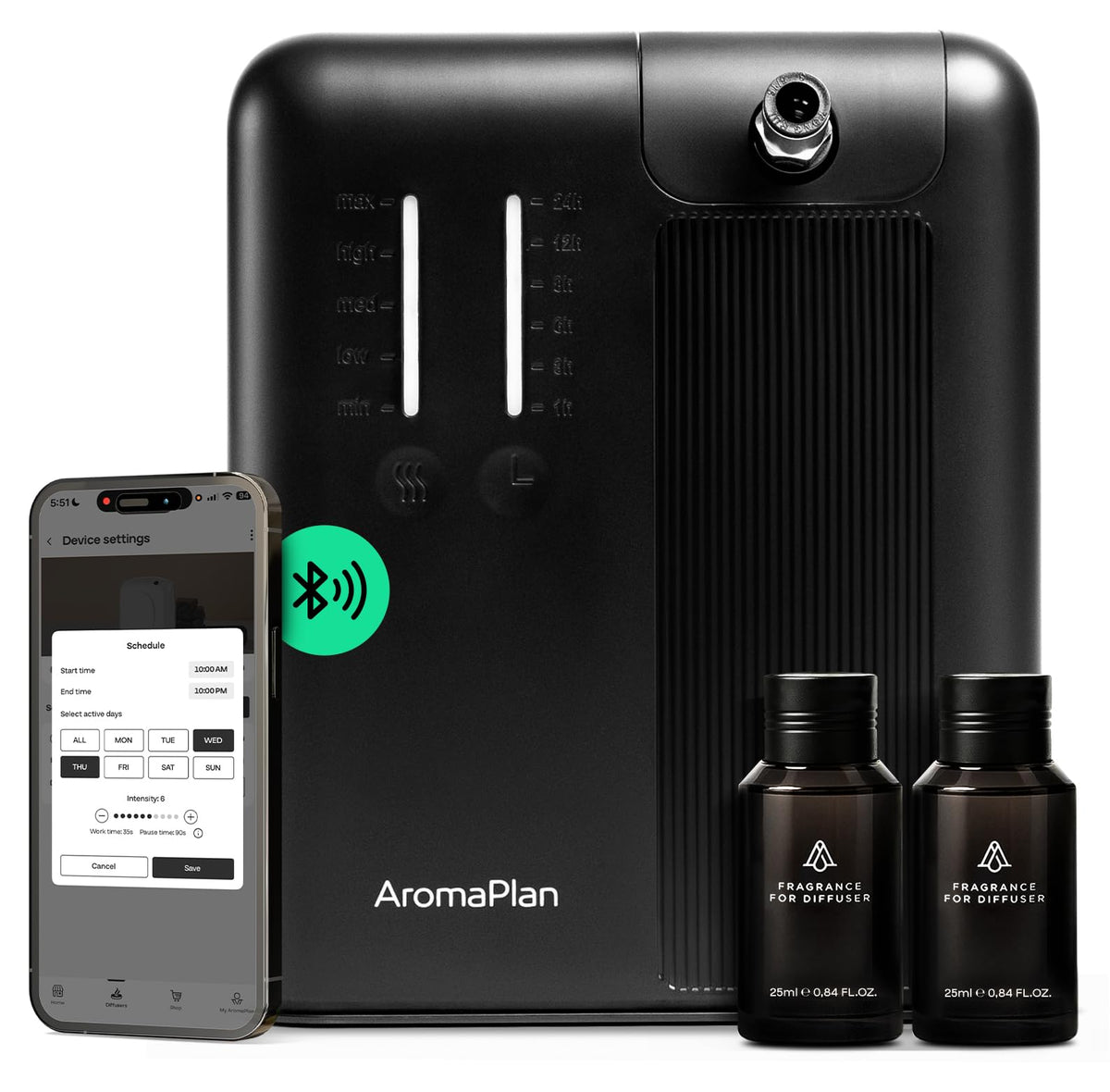 AromaPlan imagen frontal del difusor mostrando diseño elegante y beneficio estética