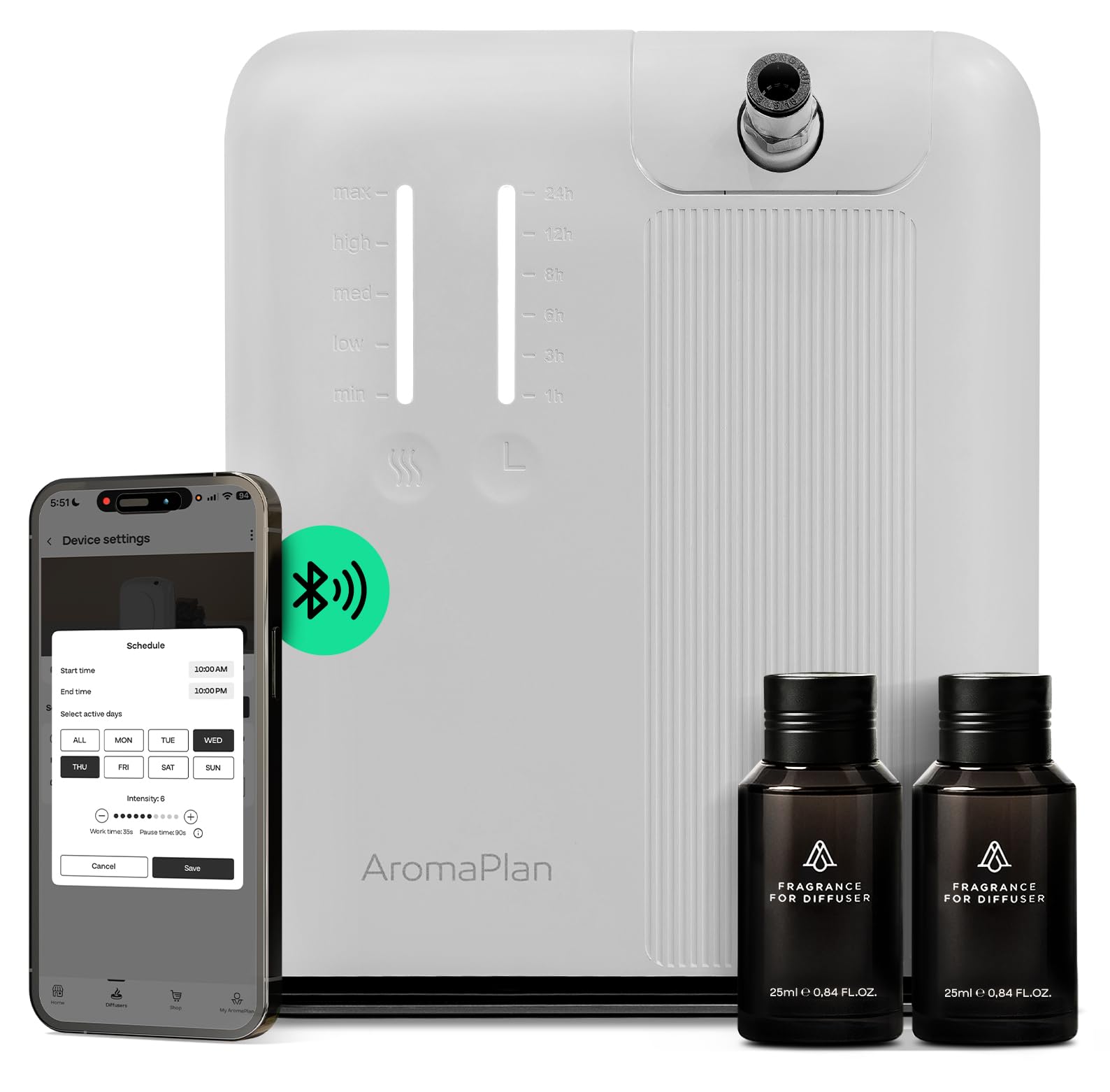 AROMAPLAN vista frontal mostrando diseño elegante y potencia para grandes espacios