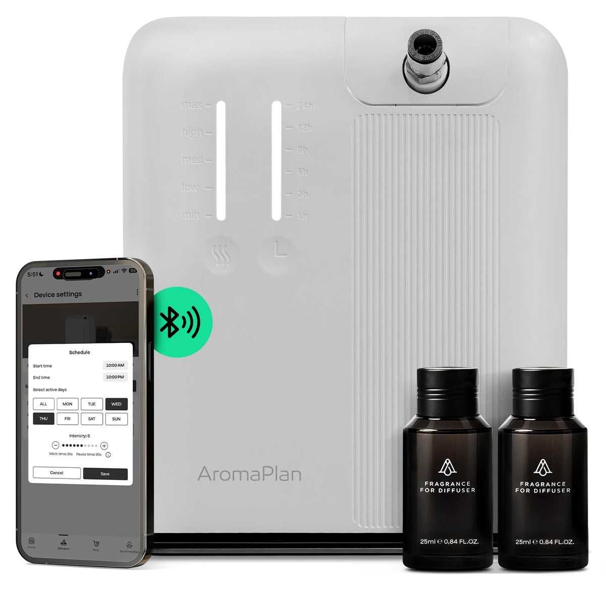 AROMAPLAN vista frontal mostrando diseño elegante y potencia para grandes espacios