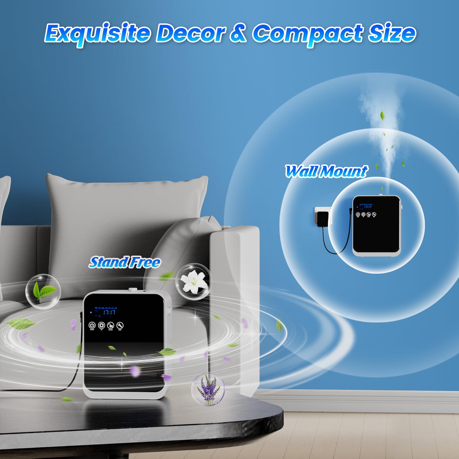 AROMAUKO difusor junto a muebles para mostrar cobertura estimada de la sala