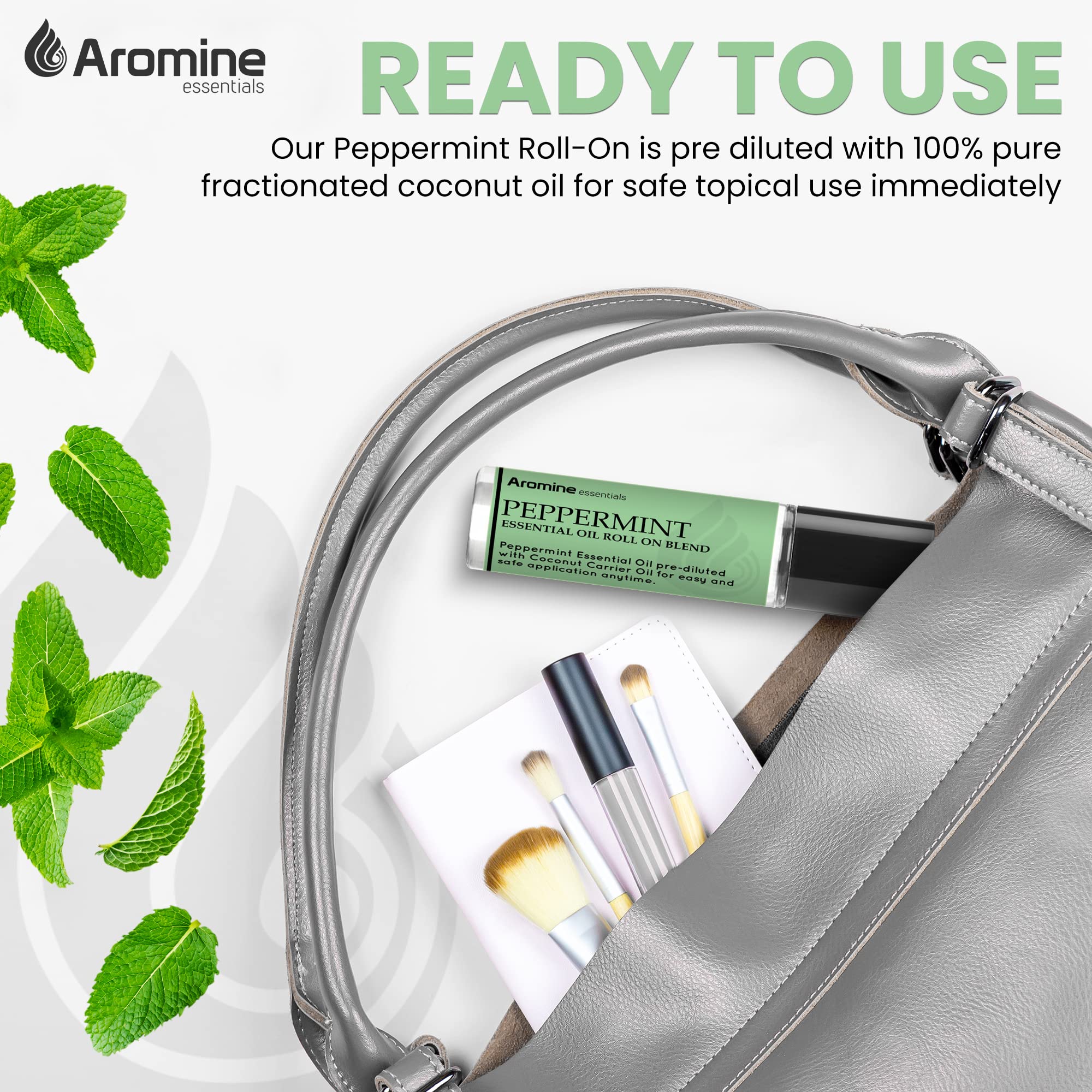 Aromine roll-on de 10ml en mano para comparar tamaño y portabilidad