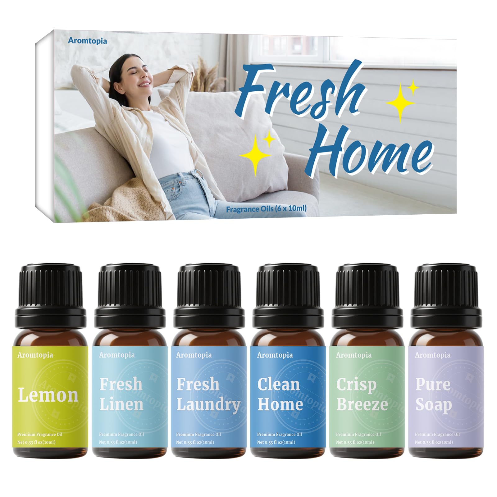 AROMTOPIA frente del paquete mostrando las seis botellas y beneficios de frescura