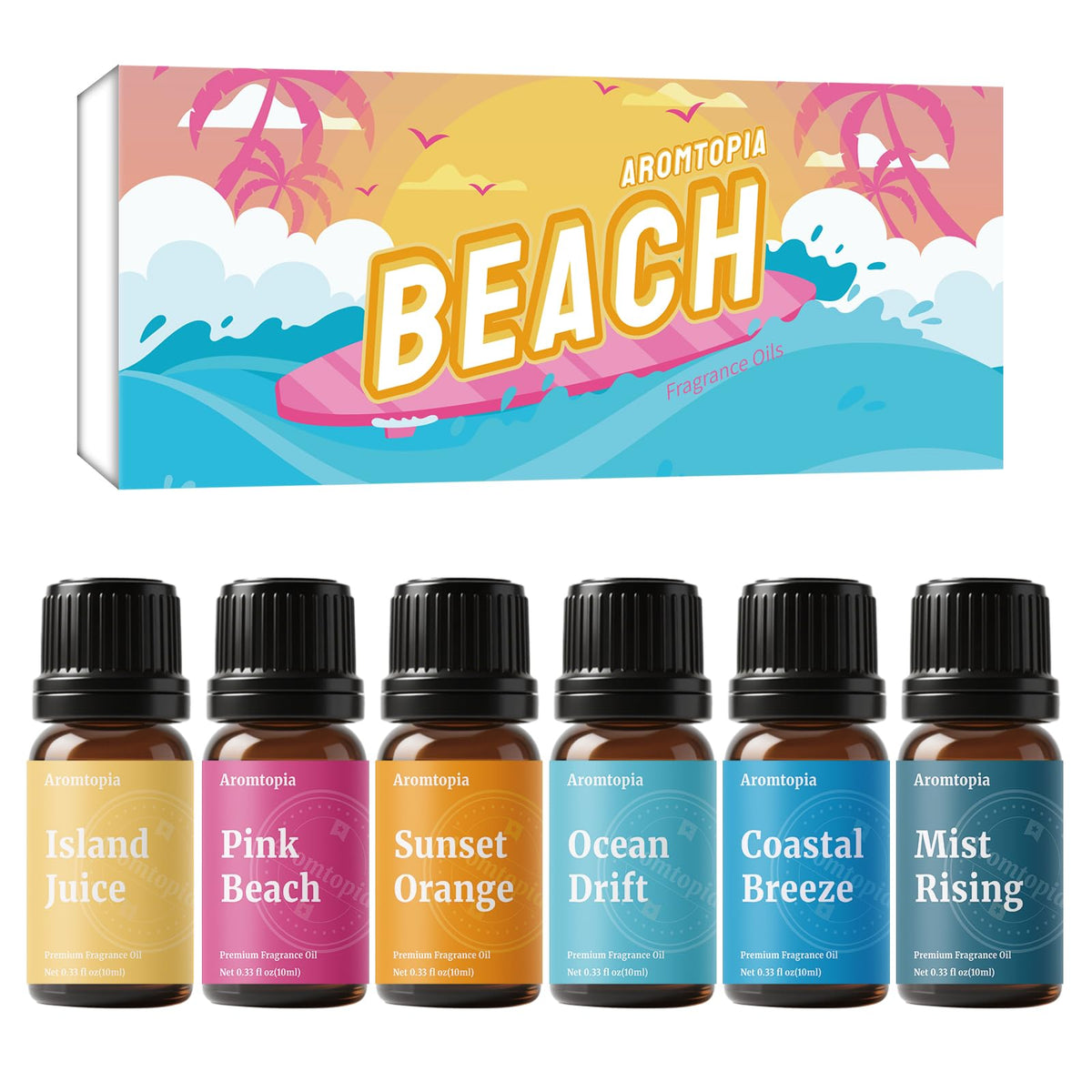 AROMTOPIA set de seis frascos frente mostrando variedad y frescura