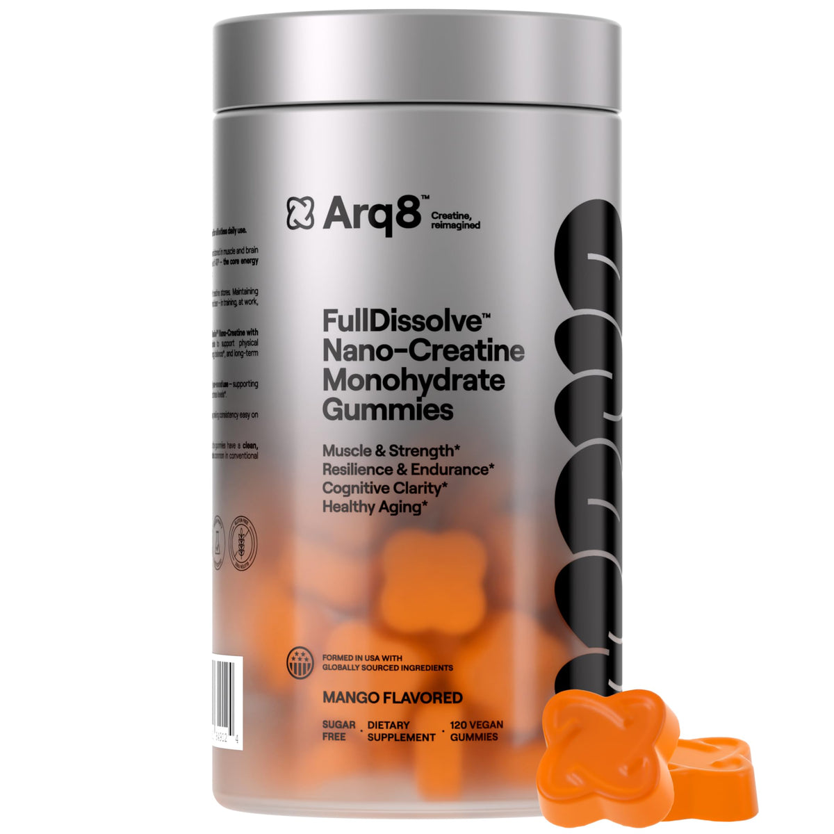 ARQ8 LONGEVITY frasco frontal mostrando 120 gominolas, cómodo y dosificado