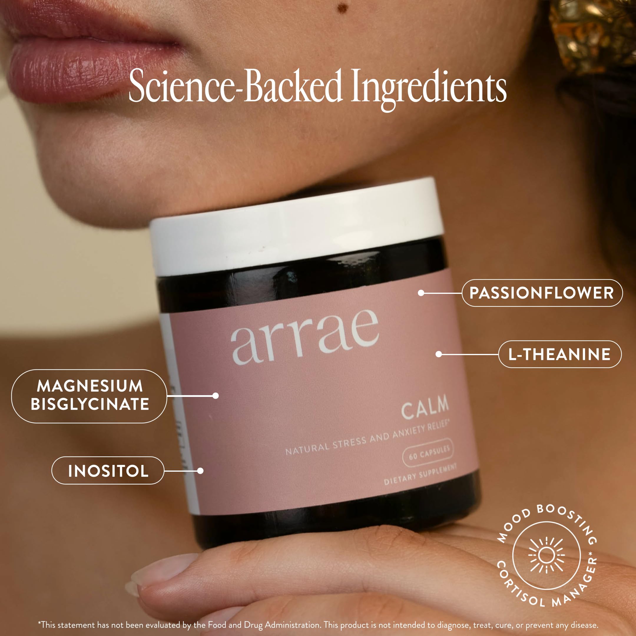 Etiqueta Arrae Calm con lista de ingredientes naturales y orgánicos