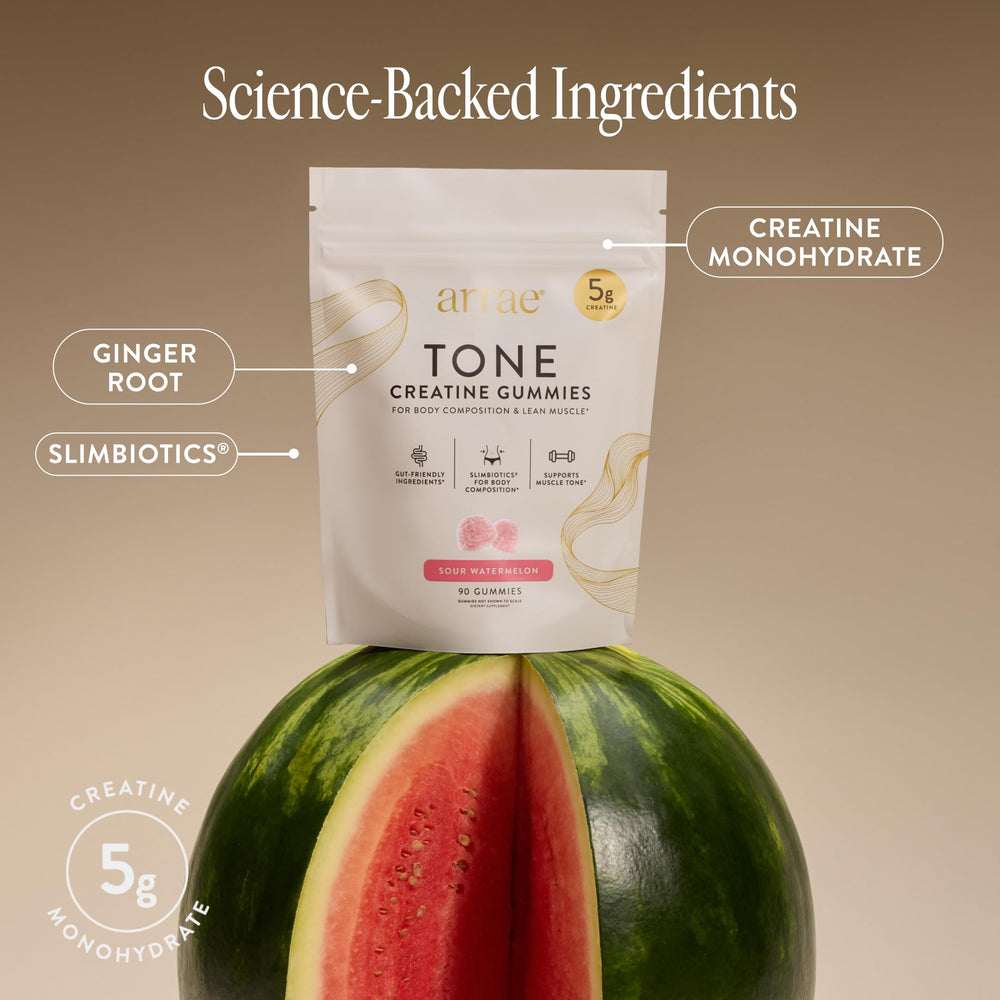 Arrae tone etiqueta de ingredientes resaltando creatina monohidrato y limpieza