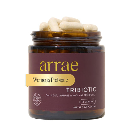 Arrae Tribiotic frontal del envase mostrando 60 cápsulas y marca para identificación rápida
