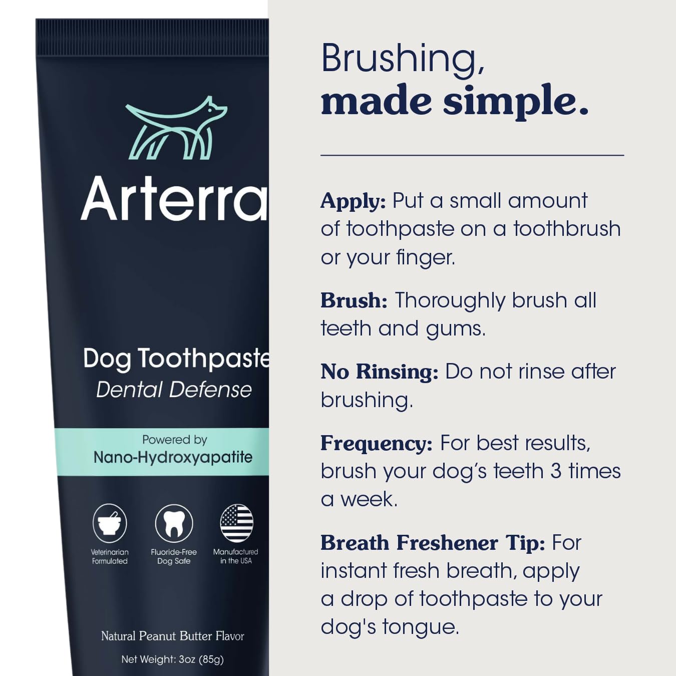 Arterra perro aceptando cepillado con pasta, demuestra sabor atractivo y menor estrés