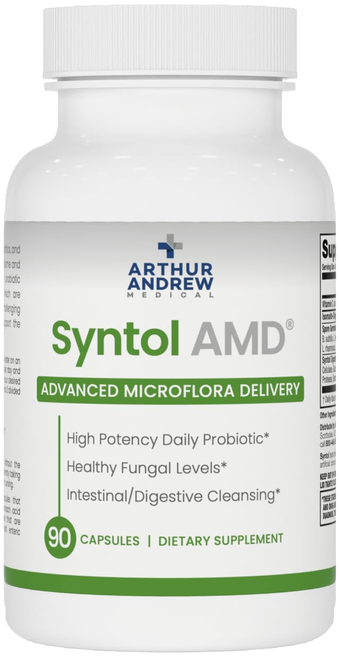 Arthur Andrew Medical frasco Syntol AMD frente mostrando etiqueta y beneficio de equilibrio intestinal
