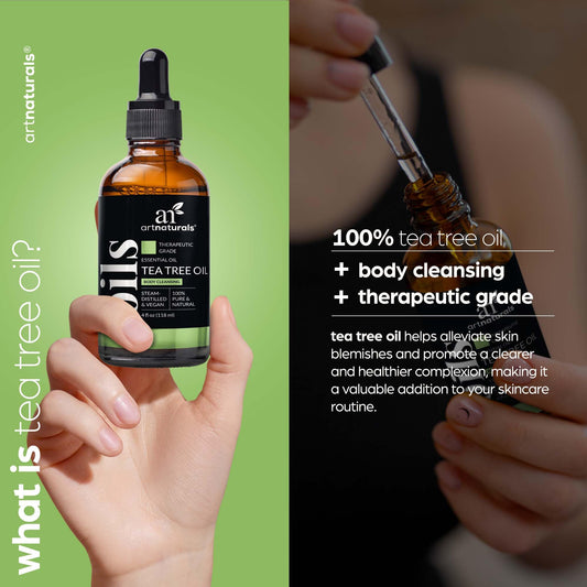 Artnaturals Aceite Árbol de Té, gota en mesa, uso tópico diluido para la piel.