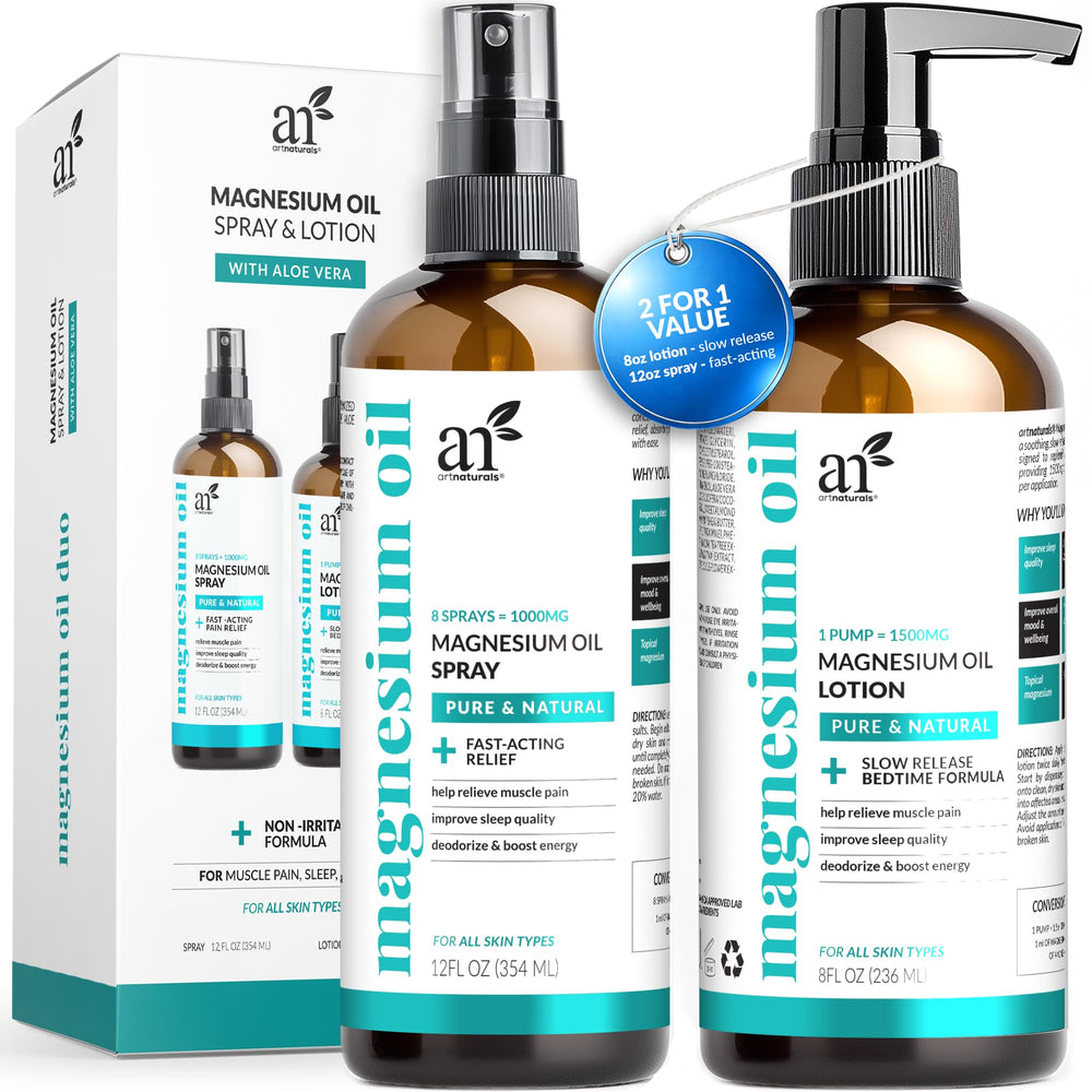 Artnaturals set frontal mostrando spray y loción para alivio muscular