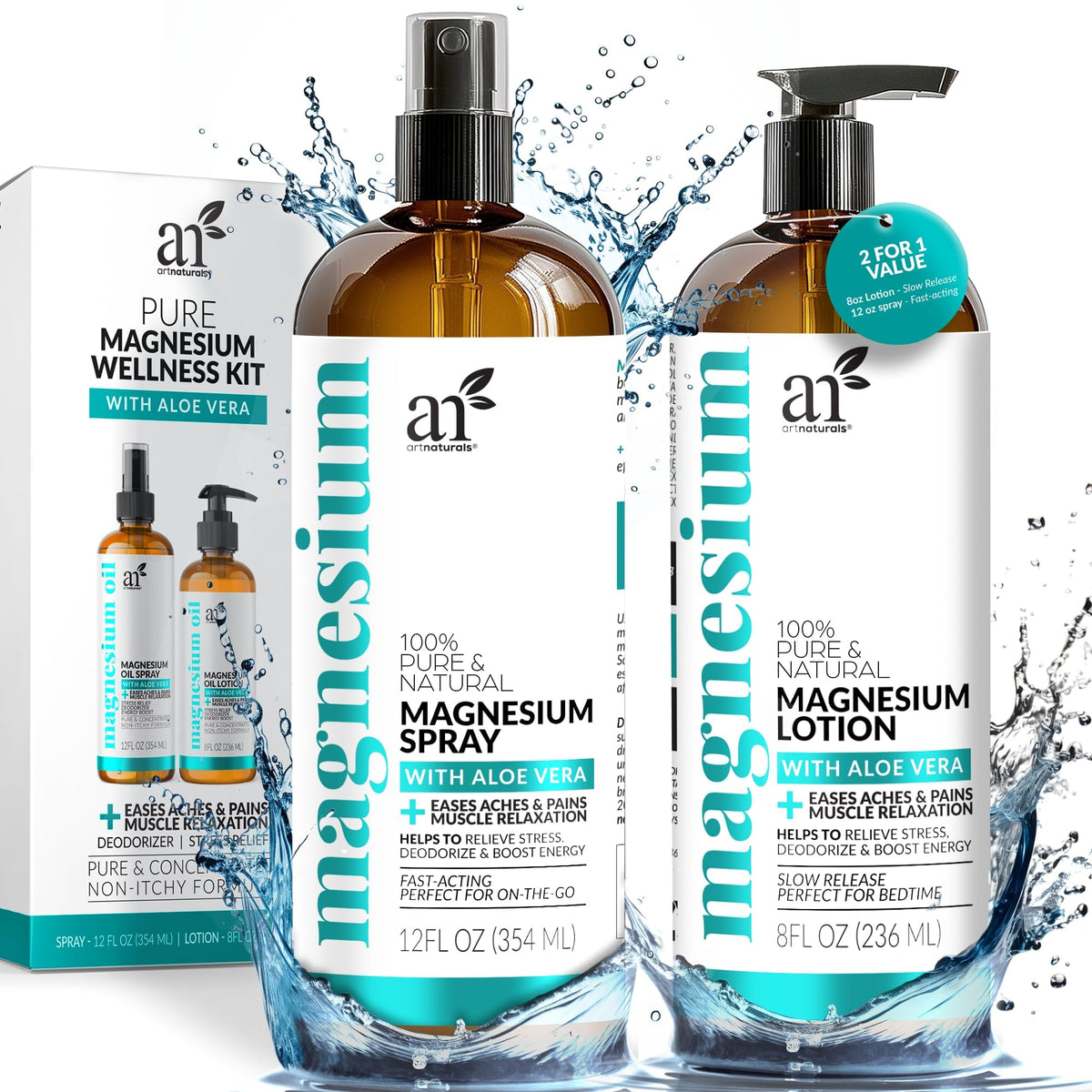 ArtNaturals set frontal mostrando spray y loción para cuidado muscular