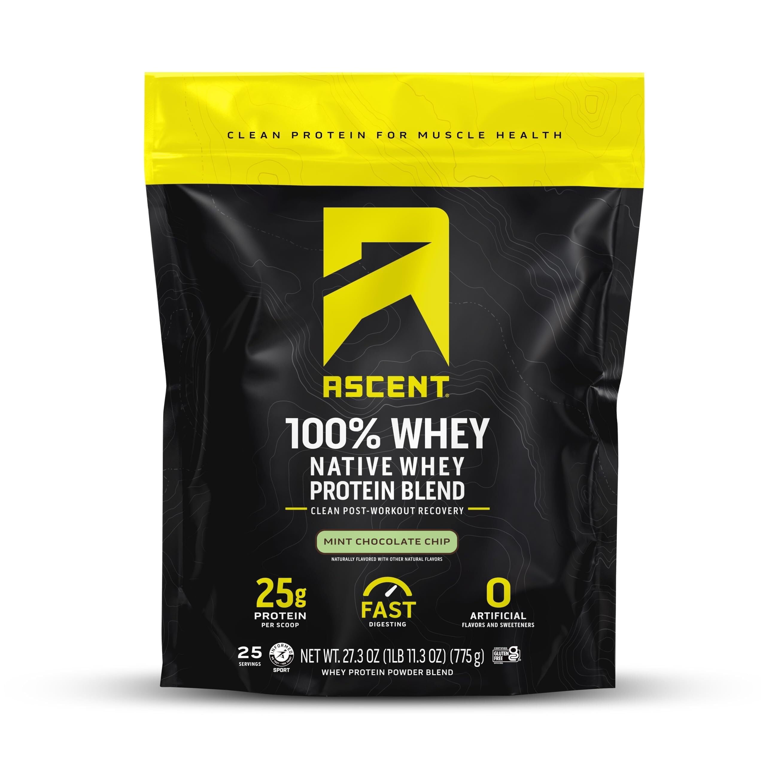 Ascent frasco delantero Mint Chocolate Chip mostrando etiqueta y beneficio pureza