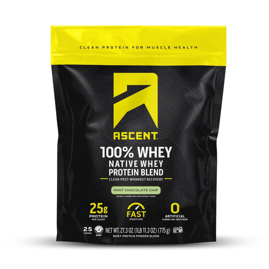 Ascent frasco delantero Mint Chocolate Chip mostrando etiqueta y beneficio pureza