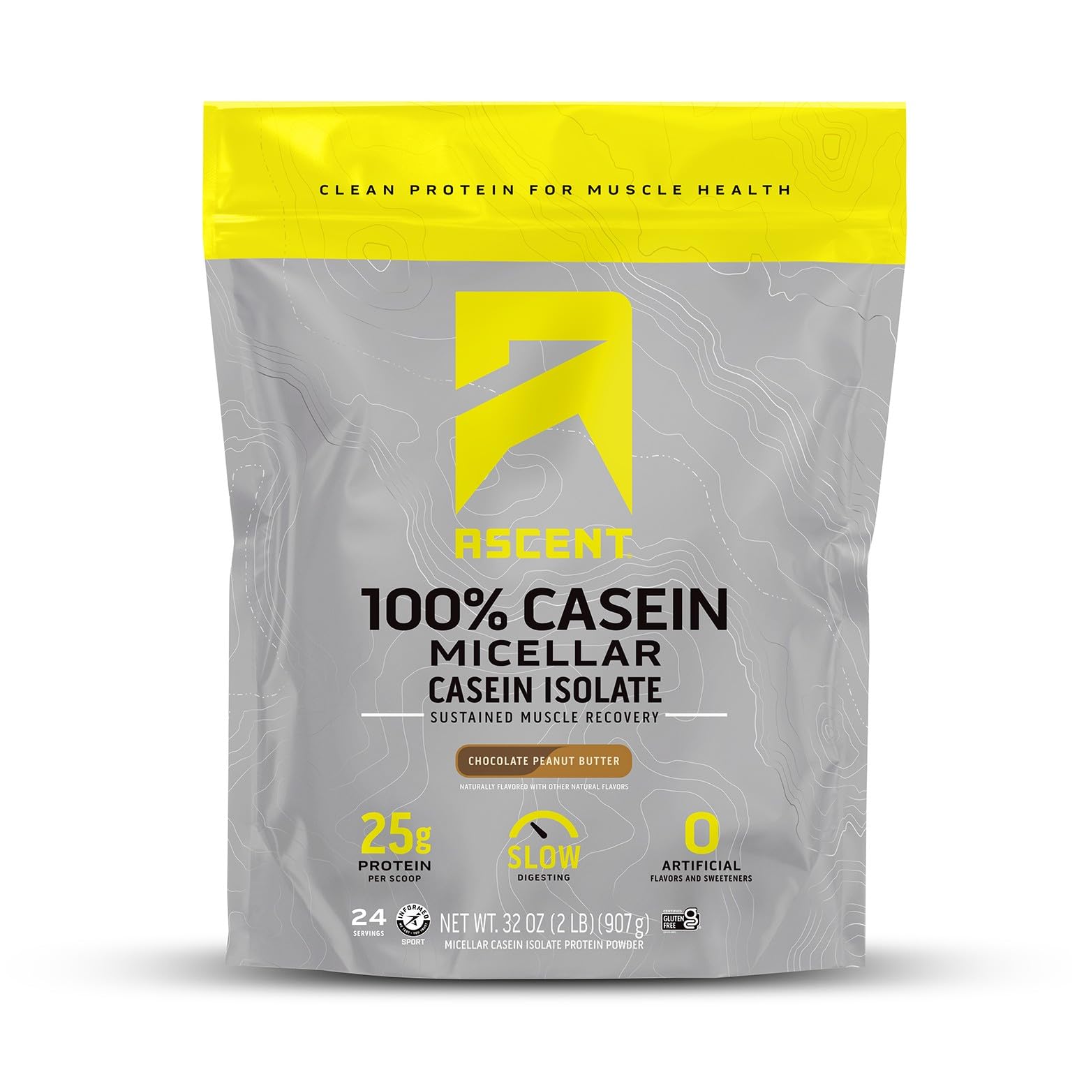Ascent envase frontal mostrando sabor chocolate peanut butter y beneficios claros