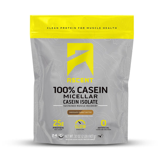Ascent envase frontal mostrando sabor chocolate peanut butter y beneficios claros