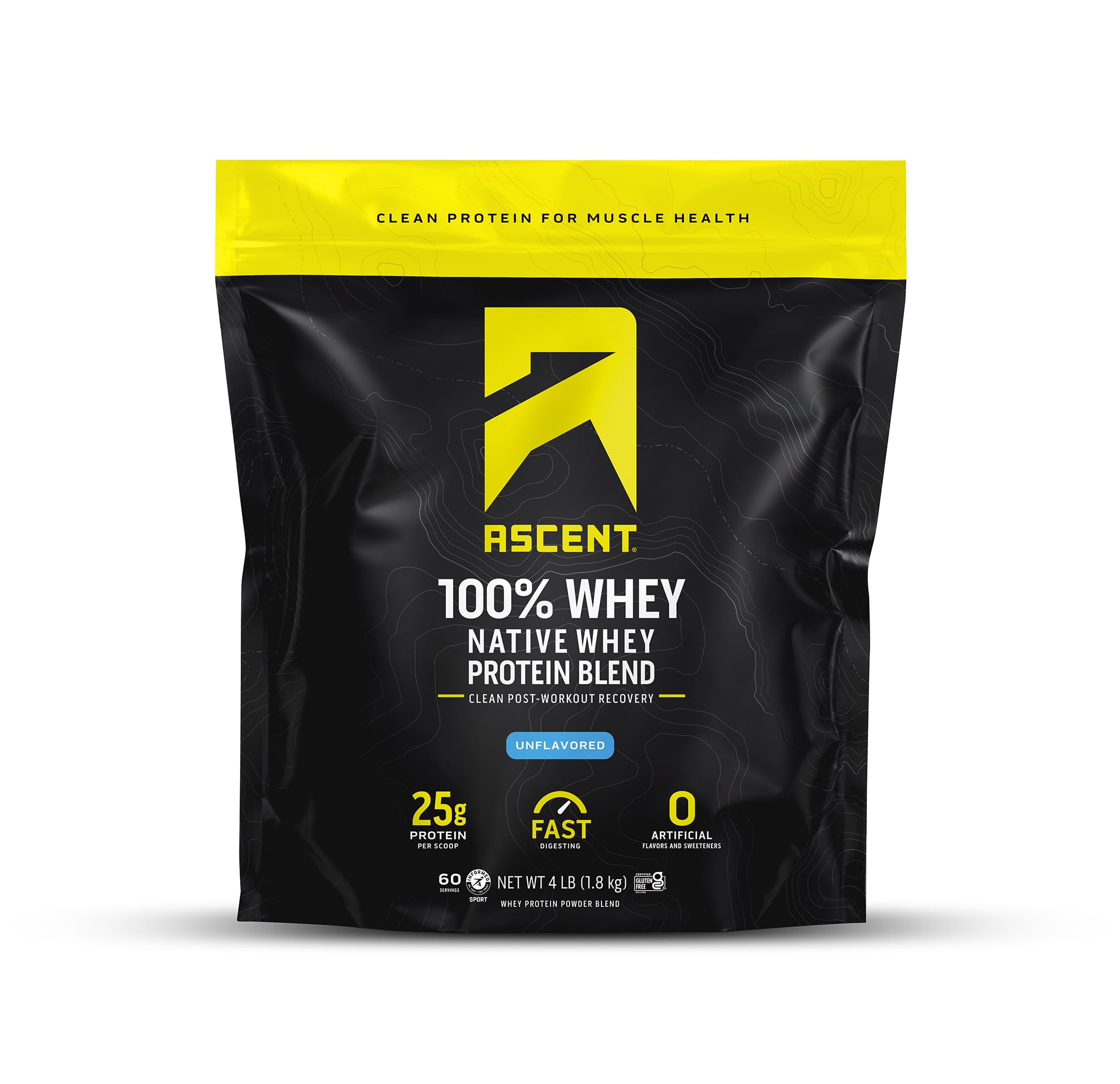 Ascent envase frontal mostrando 4 lb y etiqueta clara, ventaja: transparencia del producto