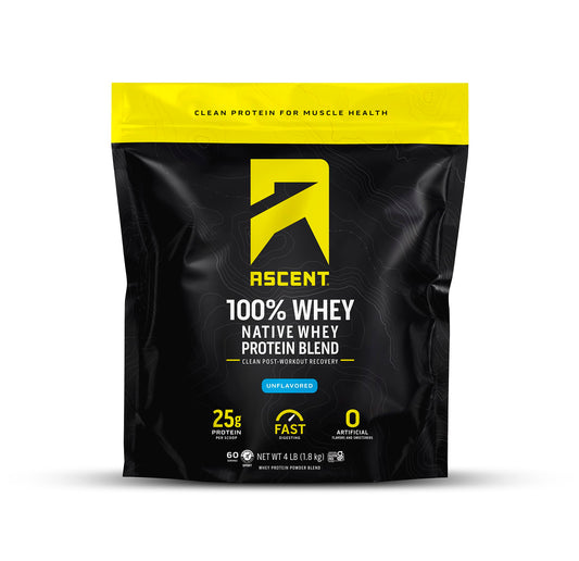 Ascent envase frontal mostrando 4 lb y etiqueta clara, ventaja: transparencia del producto